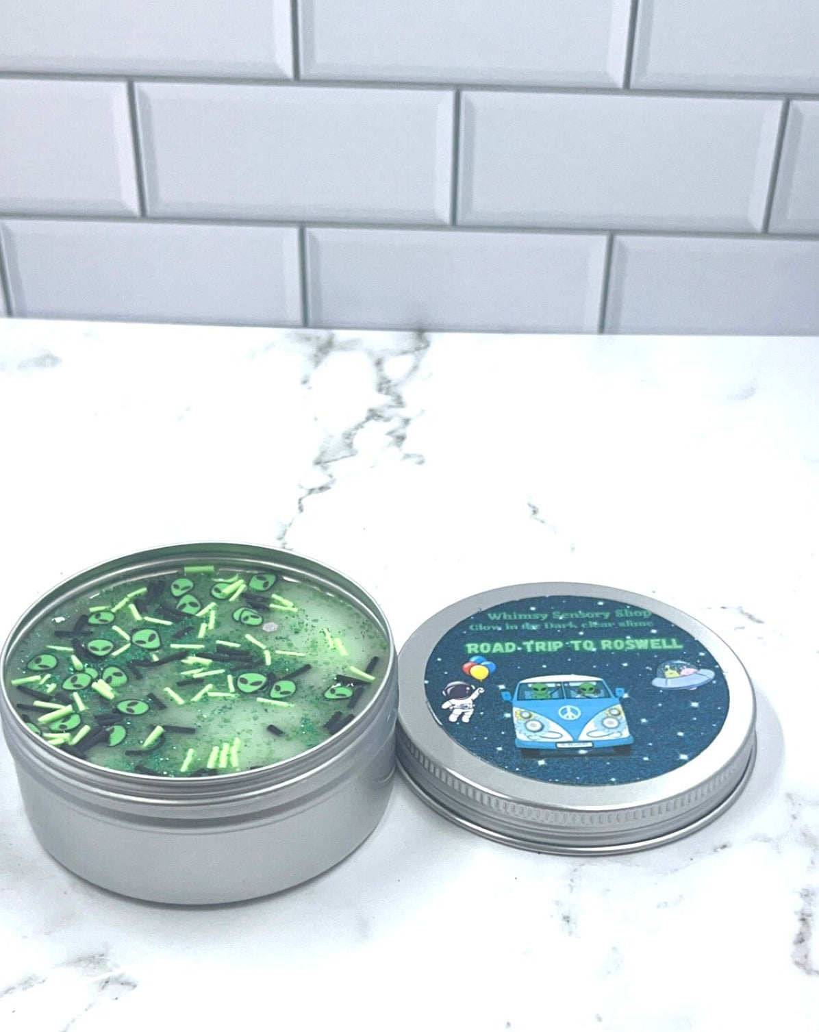 Road trip to Roswell Clear Shimmer glow in the dark slime tin
